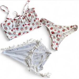 3 Piece Floral Bikini Swimsuit Set With Beach Skirt